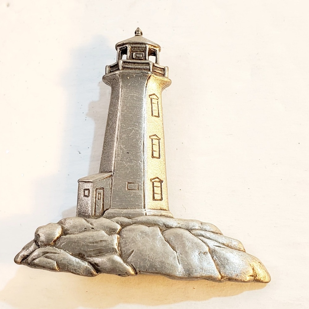 Vintage Jj Jonette Pewter Tone Metal Lighthouse Seaside Nautical Brooch Pin
